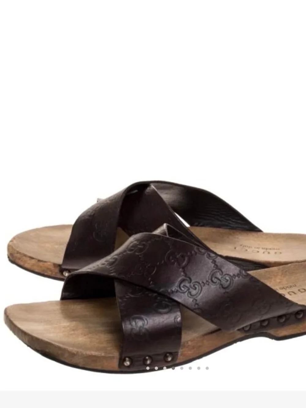 Gucci Guccissima Leather GG Monogram Wooden Cross Over Slide Sandals Sz. 9.5 USA